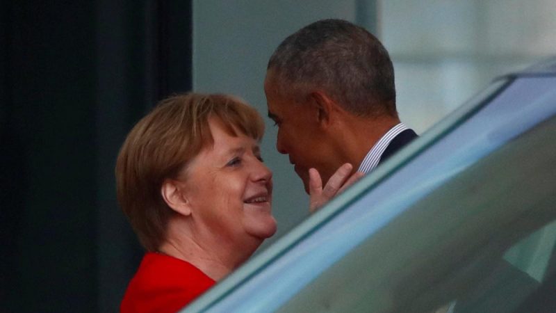 Former U S President Obama meets German Chancellor Merkel in Be scaled