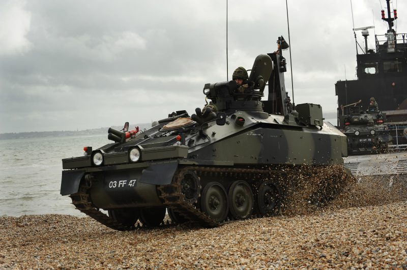 Spartan Armoured Personnel Carrier Exits Landing Craft During Amphibious Capability Demonstration MOD 45152077 scaled