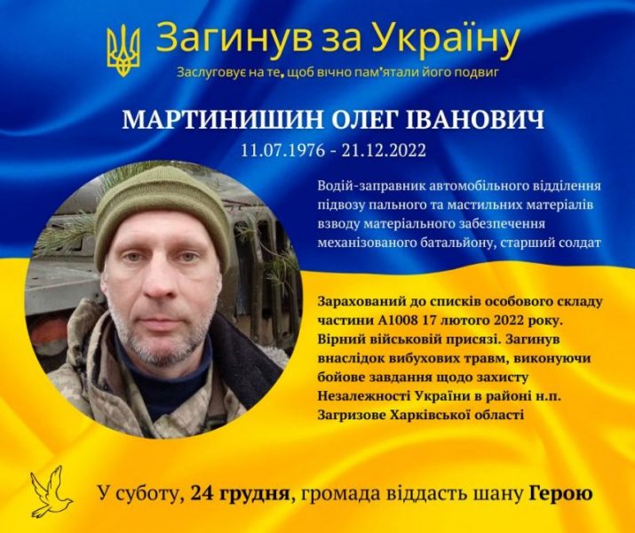 На Харківщині загинув 46-річний військовий з Долини Мартинишин Олег
