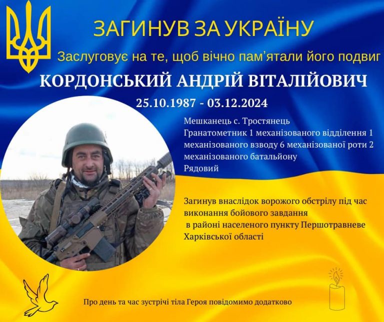 На Харківщині загинув військовий з Долинщини Андрій Кордонський