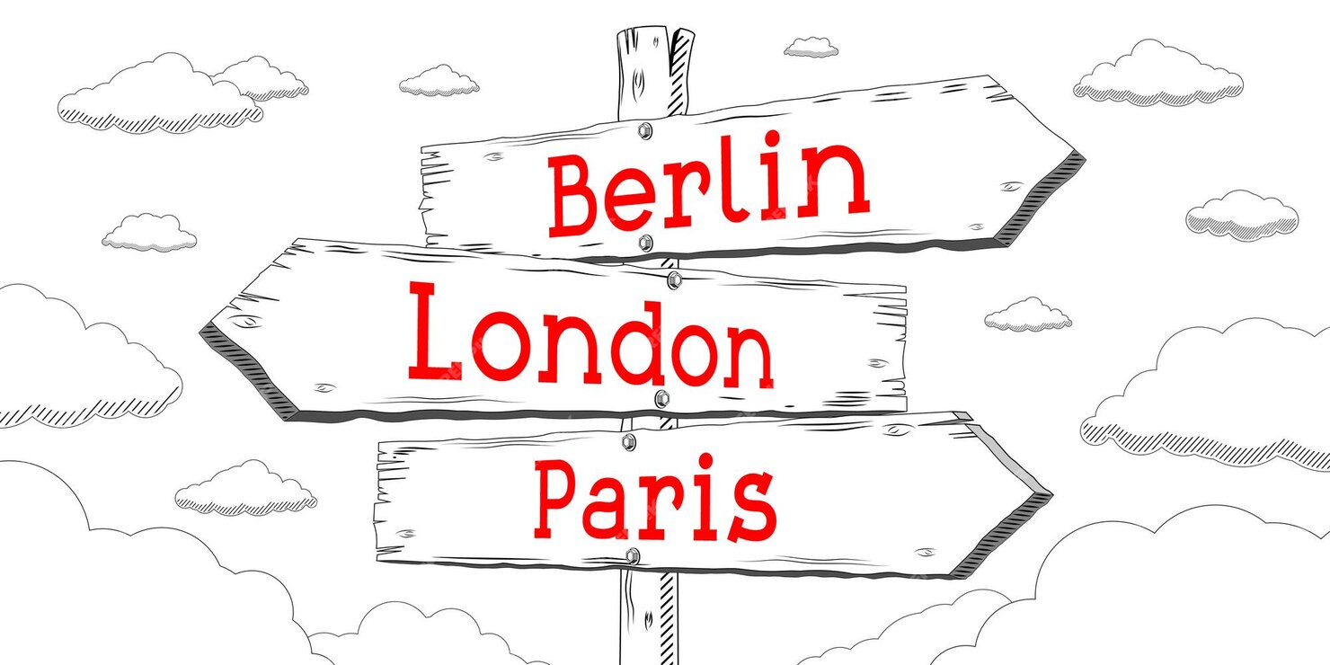 berlin london paris outline signpost with three arrows 764664 8970