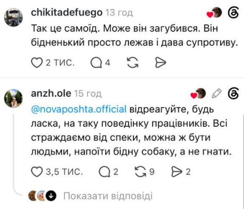 Працівники "Нової пошти" виштовхали собаку на вулицю у сильну спеку: їх звільнили (ВІДЕО) 3 Znimok ekrana 2026 08 07 155726